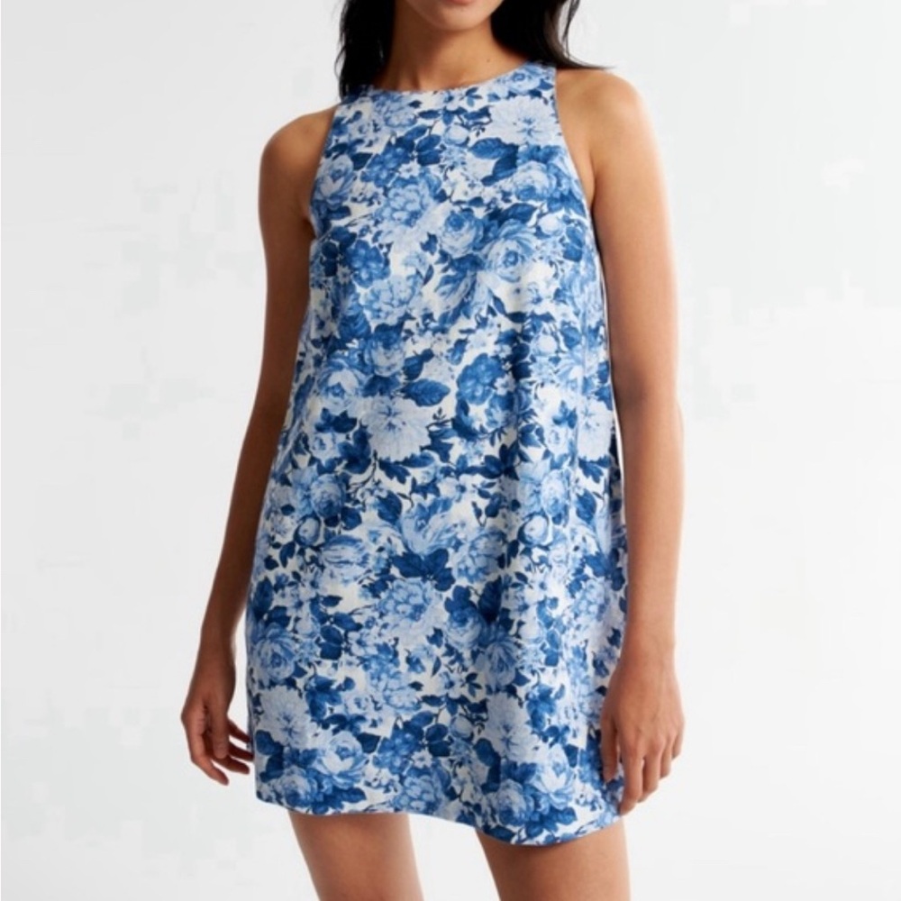 Abercrombie & Fitch Blue White Floral Mini Shift Dress XS Linen Blend Cottage